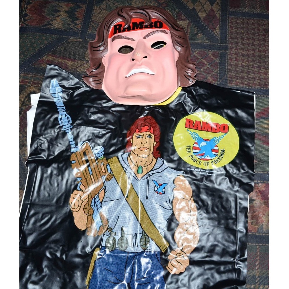 Vtg 1986 Rambo Halloween Costume Child 4-6 small Mask & suit FLAWS